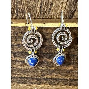 Boho Hippie Western Silver Drop Wire Earrings, Blue Sapphire Stone Gift Box